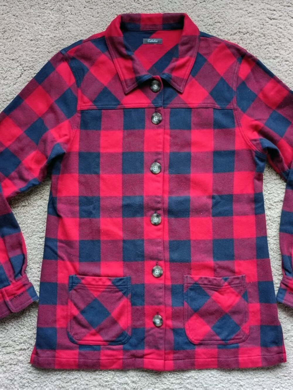 Cabela's Shacket Women's L Red Navy Plaid Flannel Jacket Shirt Button Down NWOT